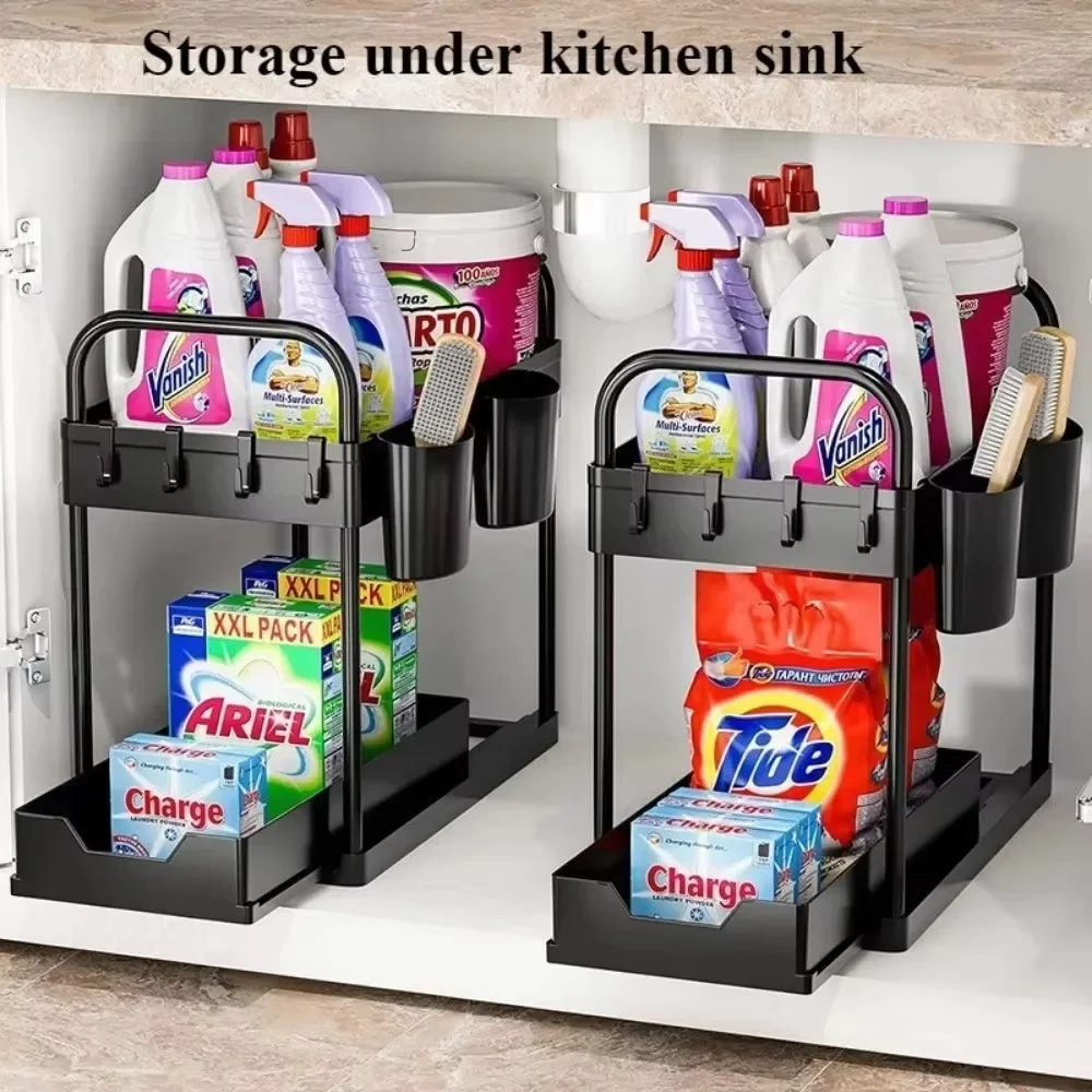 Kitchen Storage Under Sink Organizer 2 Layer Pull Out Storage Rack Multifunctional Drawer Organizer Shelf Bathroom Desktop Racks