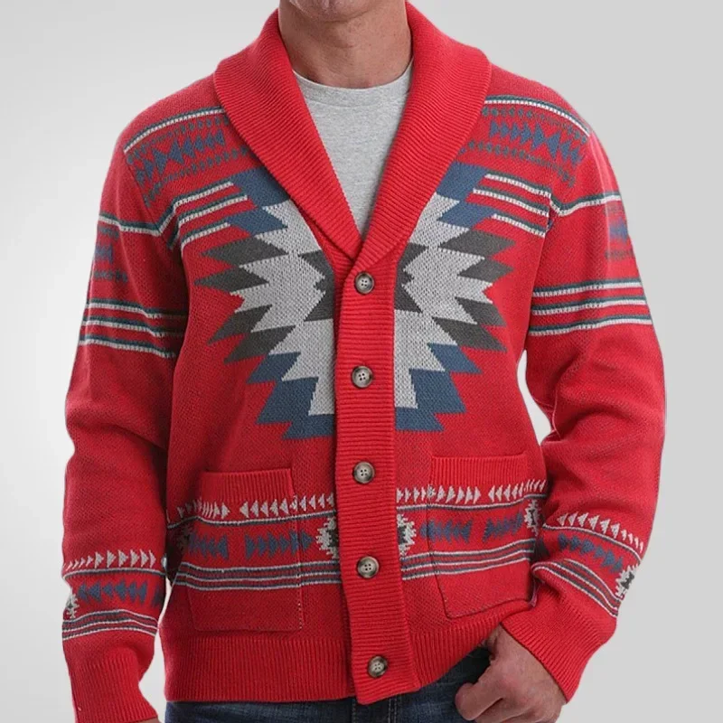 

Men Cardigan Knitted Sweaters Thick Coat Turn Down Collar Full Sleeve Single Breasted Print Knit Coats Autumn Winter Open Stitch