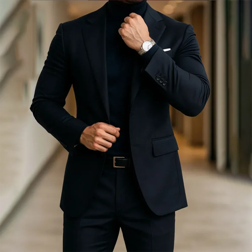 

Мужской темно-синий приталенный костюм, комплект из 2-х предметов, пиджак с брюками, деловой повседневный костюм, высококачественный модный мужской костюм