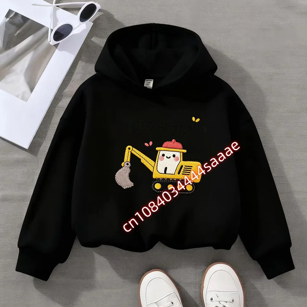 Kids Hooded Sweatshirt Cute Excavator DIG & JOY Graphic Long Sleeve Pullover Toddler Casual Cotton Top for Boys Girls