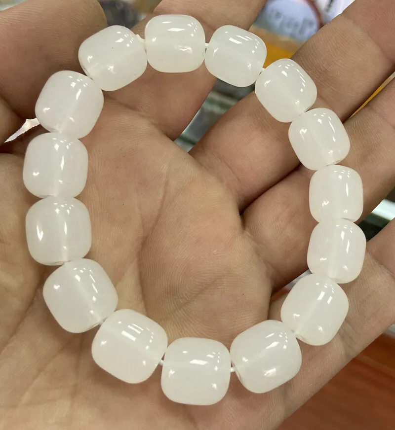 

AAA Certified 12x13mm Natural white jade cylinder Beads Stretch Bracelet 7.5''