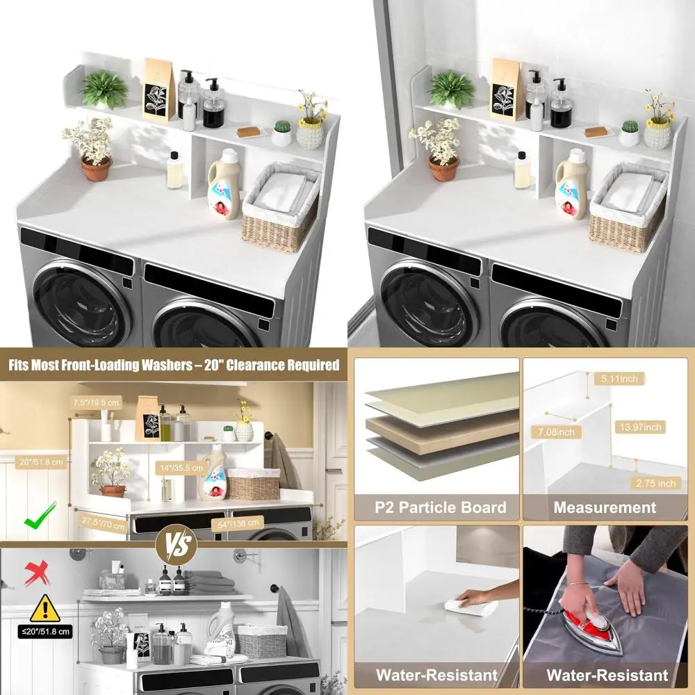 Encimera para ropa de 2 niveles de ancho 54 con estante plegable sobre lavadora y secadora, color blanco