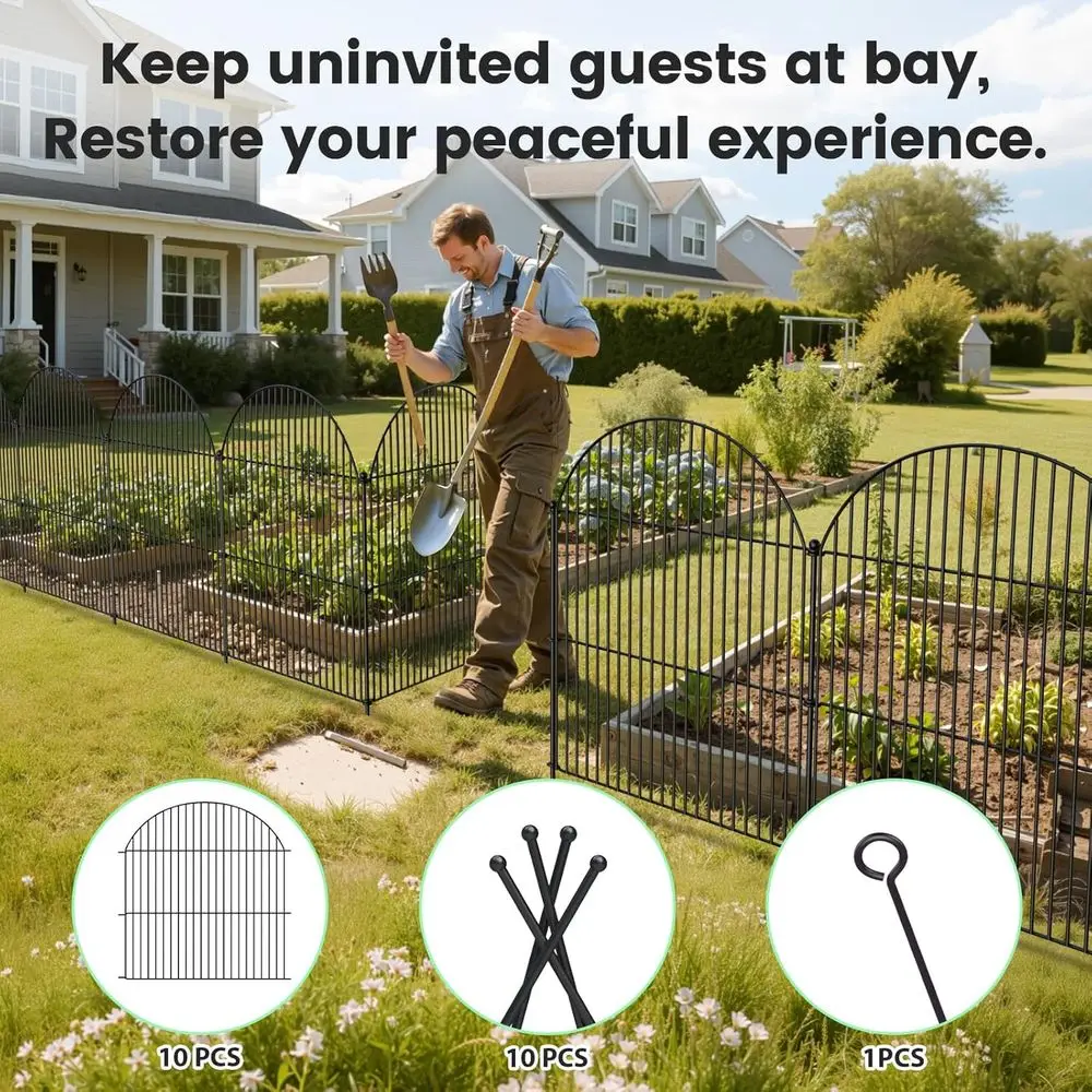 سياج حديقة معدني مقاوم للصدأ بطول 24 قدمًا، 10 قطع، ارتفاع 32 بوصة، حاجز للكلاب والأرنب في الهواء الطلق، لوحة حدودية مزخرفة للفناء