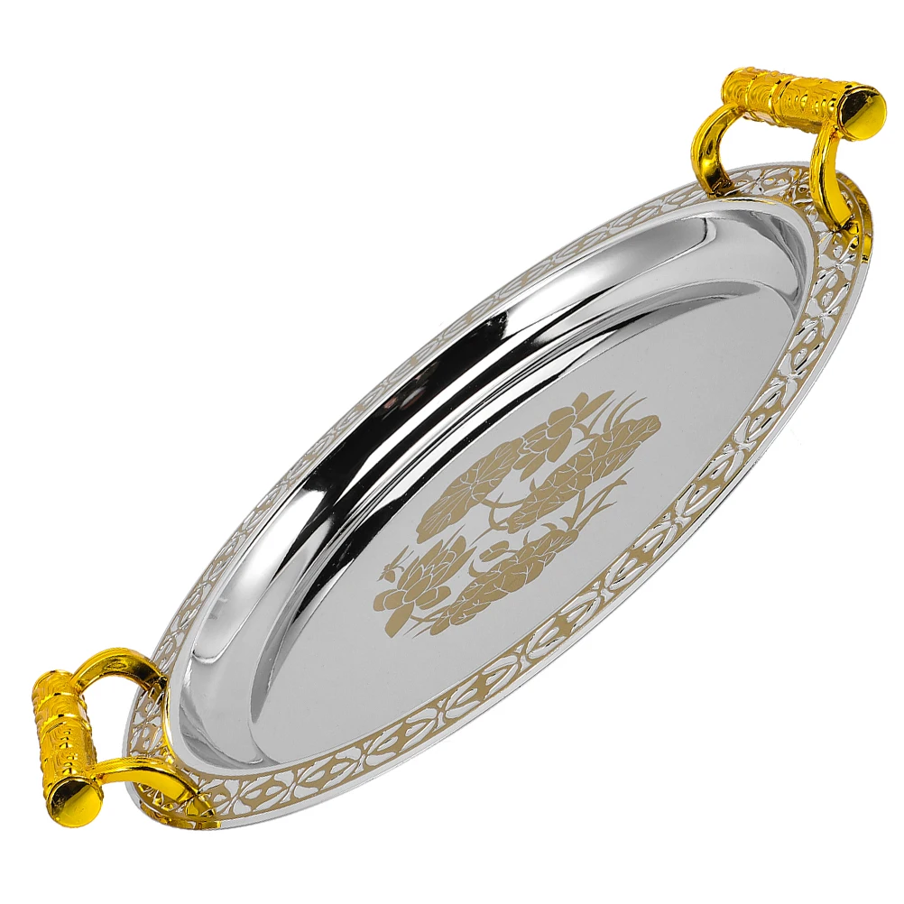 

Golden Pattern Tray Elegant Coffee Fruit Storage Dish Jewelry Plate Trinket Vanity Ring Holder Makeup Organizer Serving Bread