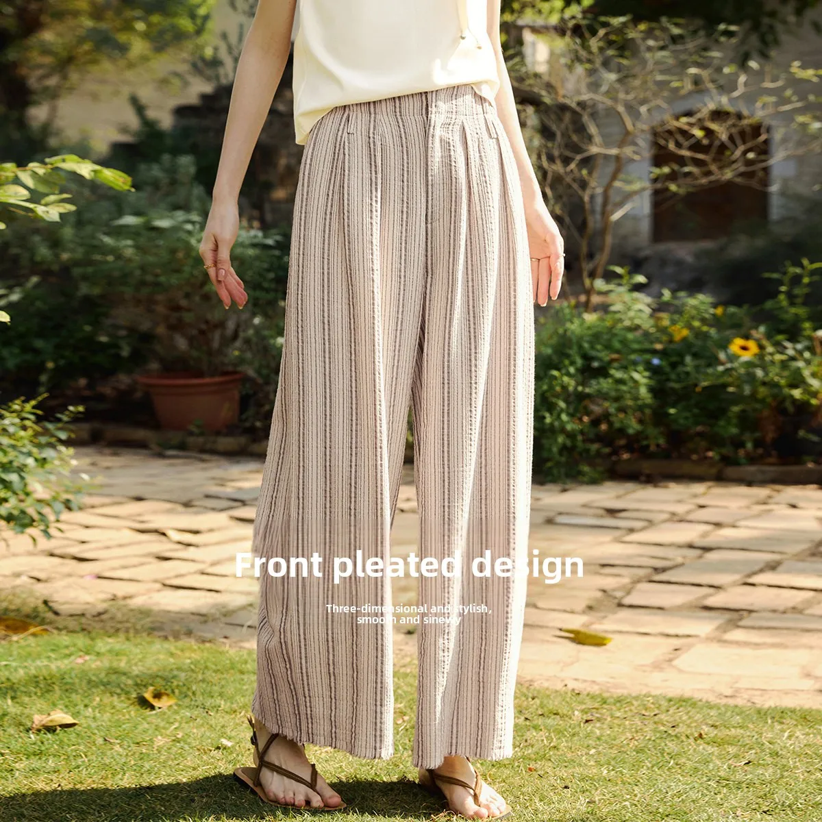 OLrain 2026 Summer New Striped Texture Front Piece Pleated Fringed Edge Pants Loose Straight Wide-leg Pants Women O58XK005326
