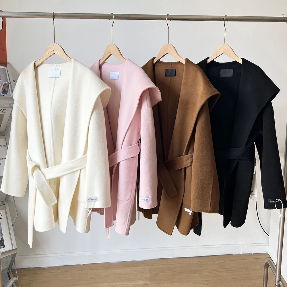 Women White Pink Camel Woolen Hoodie Coat For Autumn Spring Winter Medium Long Hooded Elegant Double-sided Lace Up Wool Jacket