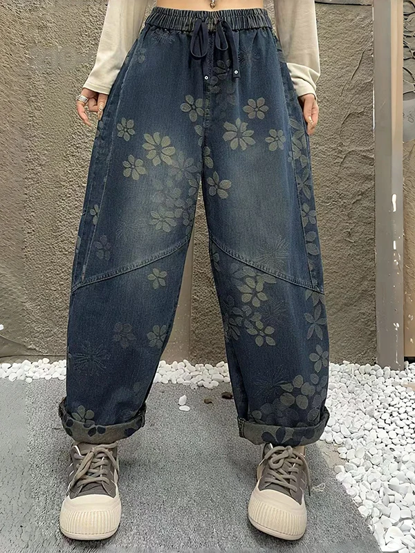 Retro Washed Denim Jeans Women's Loose High Waist Floral Embroidery Casual Long Pants Autumn New Style plus Size Slimming