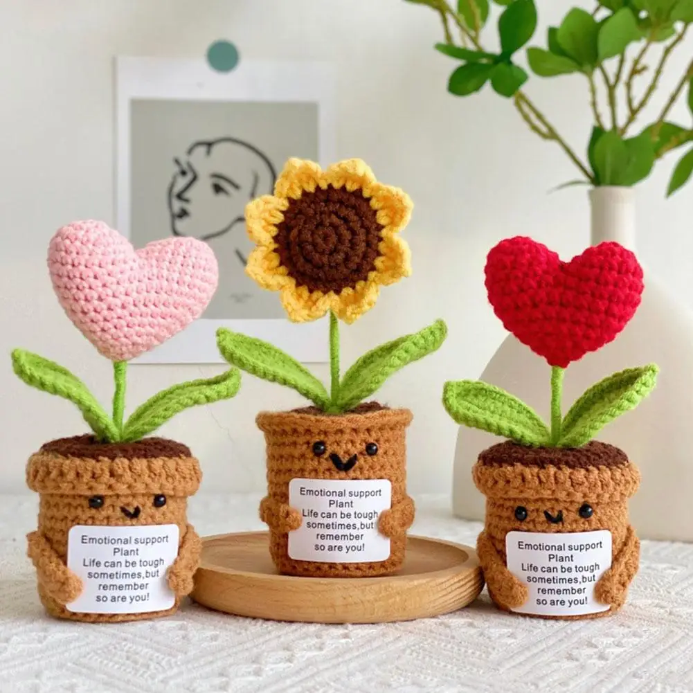 Mini Cute Crochet Potted Plants Eternal Flowers for Guests Plush Wool Knitting Doll Funny Christams Gift Home Room Decoration