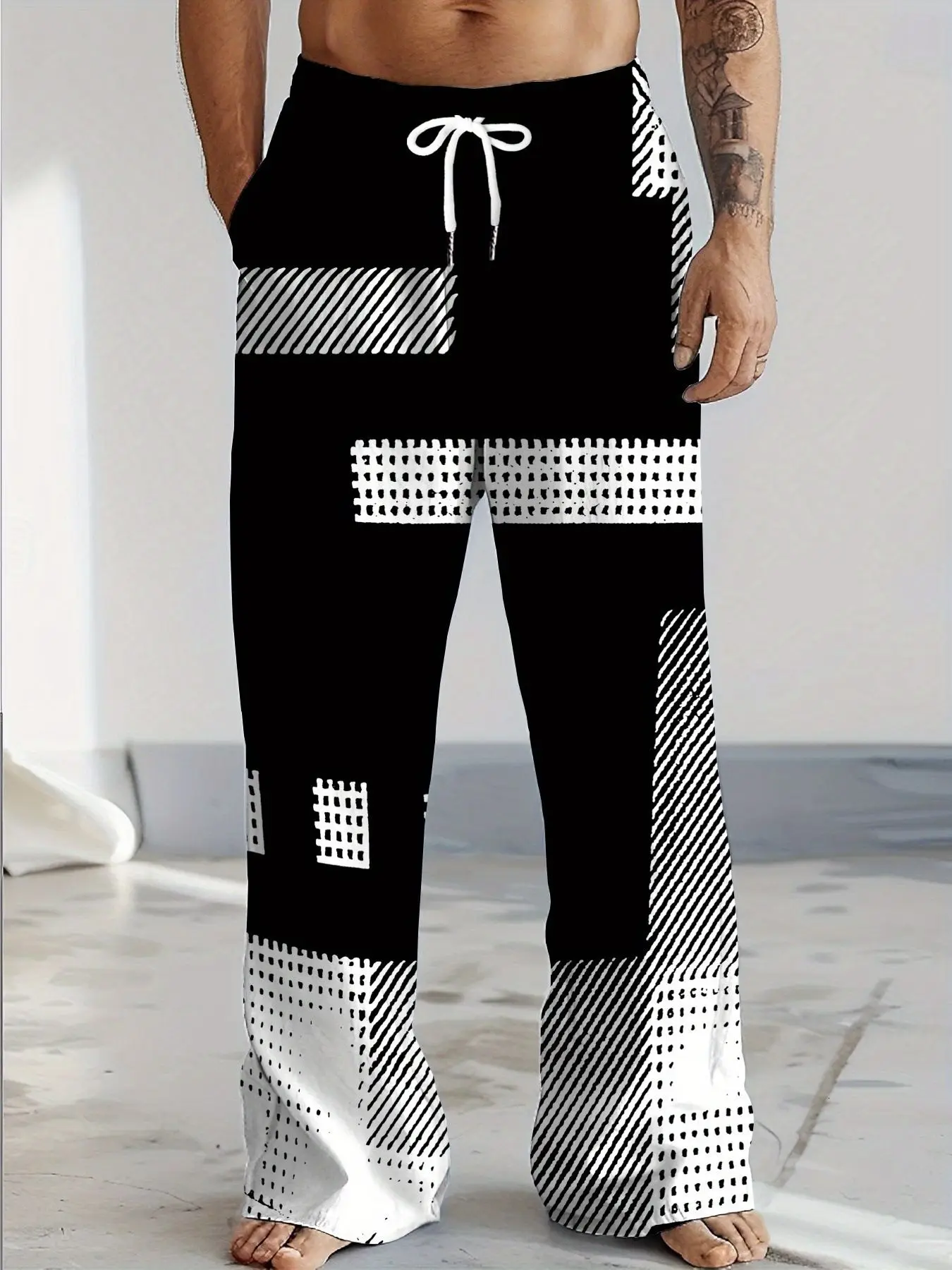 Men Women Straight Trousers 3D Abstract Block Plaid Splicing Print Quick Dry Pants Elastic Waist Modern Art Hip Hop Long Pants