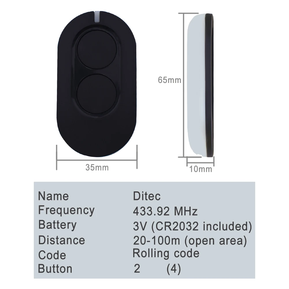 DITEC Entrematic ZEN2 ZEN4 ZEN2W ZEN4W Garage Door Remote 433.92MHz Rolling Code GOL4 BIXLG4 BIXLP2 BIXLS2 Command Gate Opener