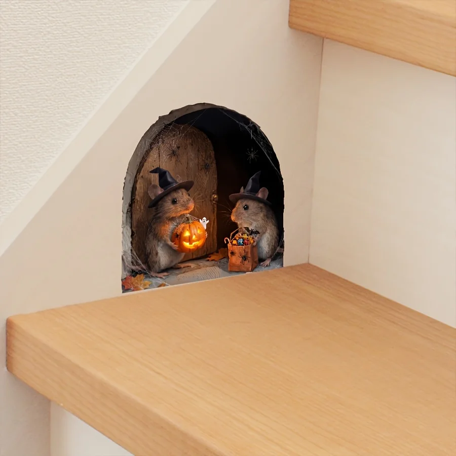 1PC 2D Mini Mouse Hole Halloween Wall Stickers Witch Hat Mouse Pumpkin Candy Spider Decals for Baseboard Stairs Corners Cabinets