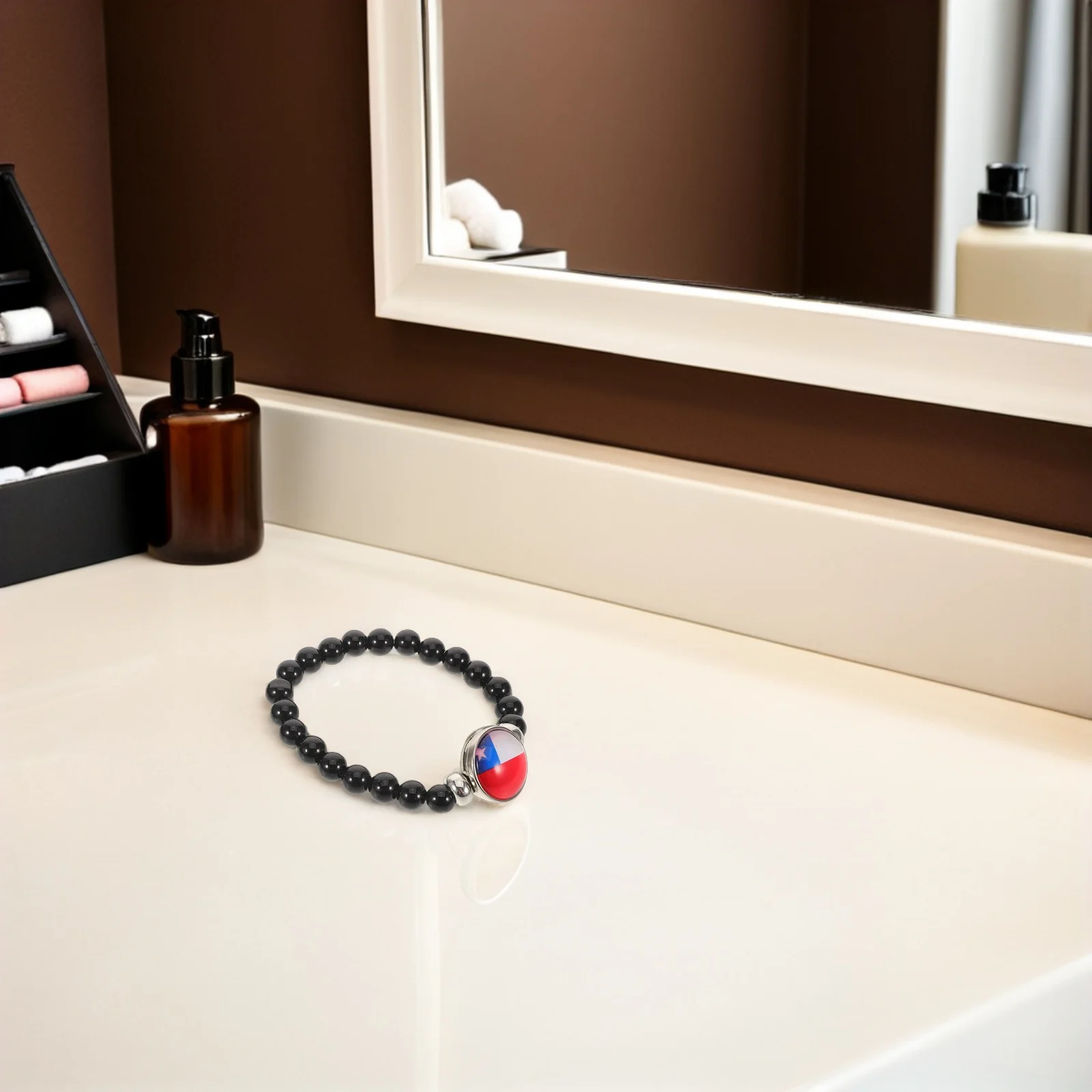 

5pcs Chic Chile Flag Bracelet Black Glass Beads Natural Stone Wristlet For Men Women Daily Wear Fashion Jewelry International