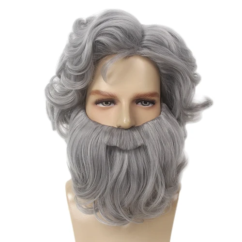 REEWES-Peluca rizada gris, conjunto de barba para disfraz de anciano, disfraz de Mr Santa Claus King, pelo sintético, Drama, fiesta de Navidad y Halloween