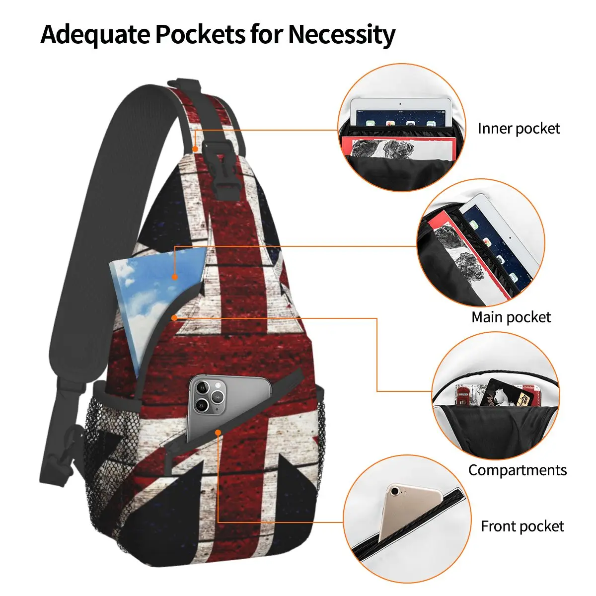 Union Flag Crossbody Sling Bag Pequeno Peito Bag Uk Kingdom Country Shoulder Mochila Daypack para Caminhadas Outdoor Camping Satchel