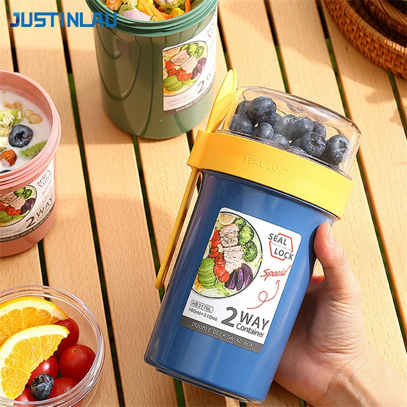 JUSTINLAU 790ml/990ml taza de avena para ensalada taza de desayuno juego de contenedor de yogur de nuez y cereales con soporte para aderezo tenedor preparación de comidas