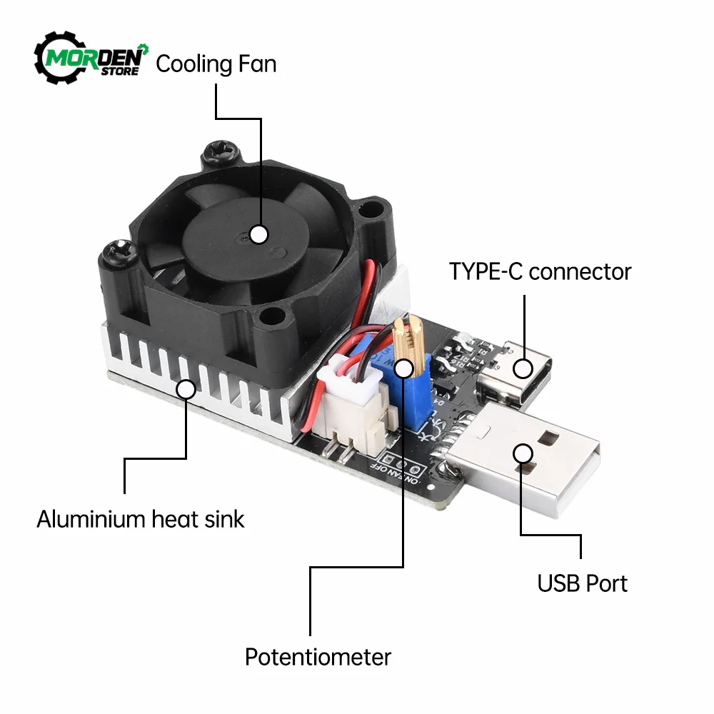 Teste Eletrônico Módulo Resistor Tester Carga Usb e tipo c Interface Corrente Constante Ajustável com Ventilador de Refrigeração dc 3.720v 3a 25w