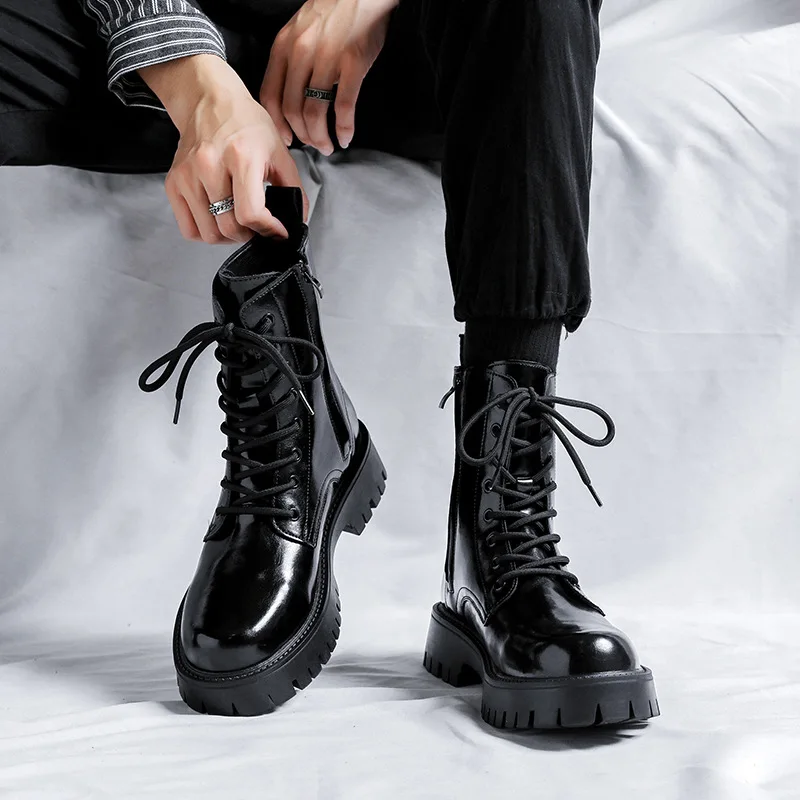 italian brand designer men's fashion patent leather boots black stylish platform shoes lace-up cowboy boot high botas masculinas