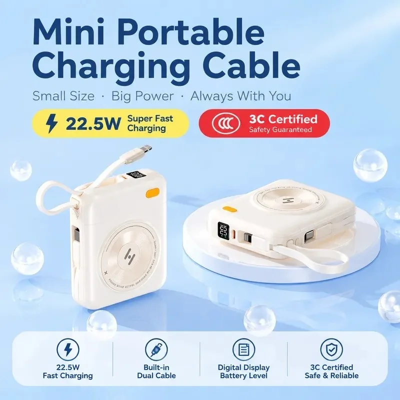 20000mAh Power Bank with Built in Cable 22.5W Super Fast Charging Portable Charger Mobile Power Supply