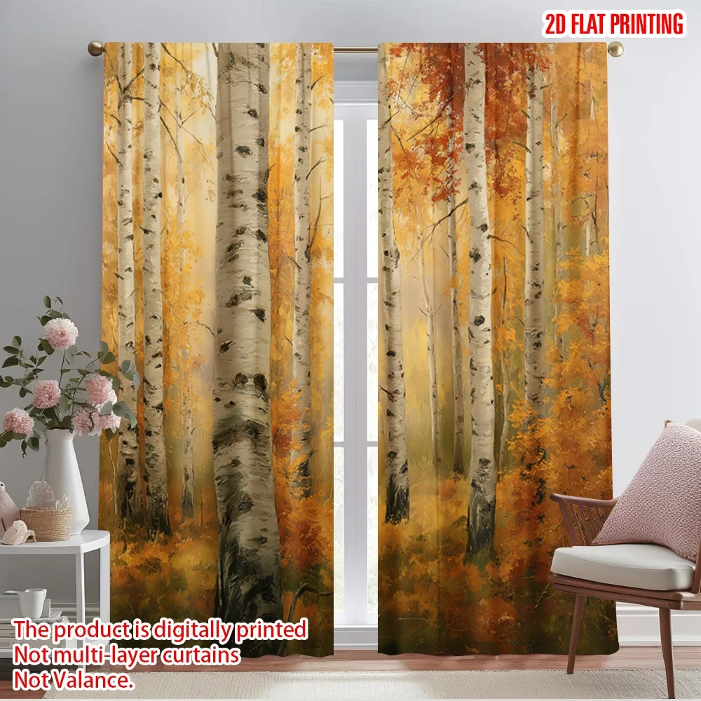 

2pcs,2D plane printing Pattern Curtains Birch Forest Harmony Versatile Fabric (without rod) Holiday for Living Room, Bedroom,