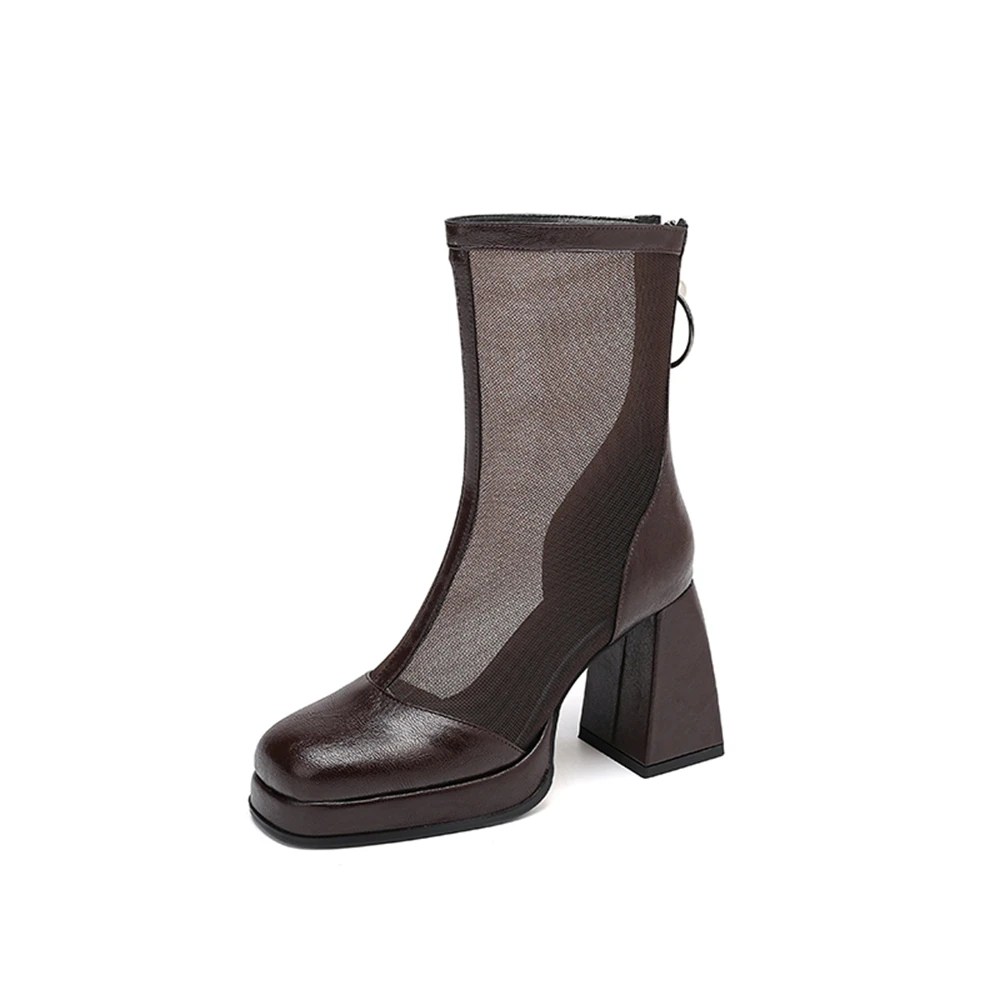 

Genuine Leather Women Spring Round Toe Zipper Thick Heel Closed Toe Short Boots Dress Party Breathable Walking Net Boots 999-8