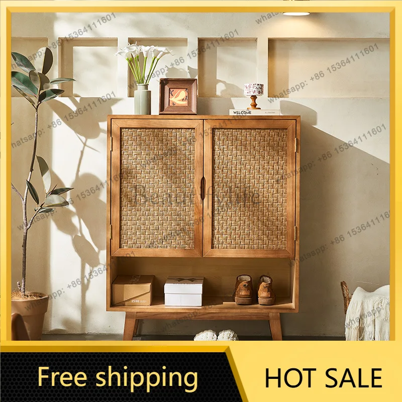 FG Japanese-style solid wood shoe cabinet porch ultra-narrow storage cabinet retro ash wood rattan