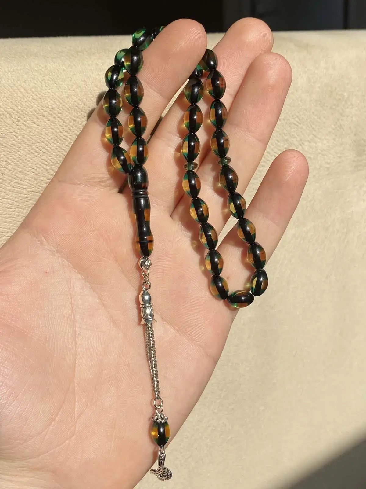 Double Color Green Yellow Vernier Amber Rosary Metal Tassels Misbah Misbaha Rosary Zikr