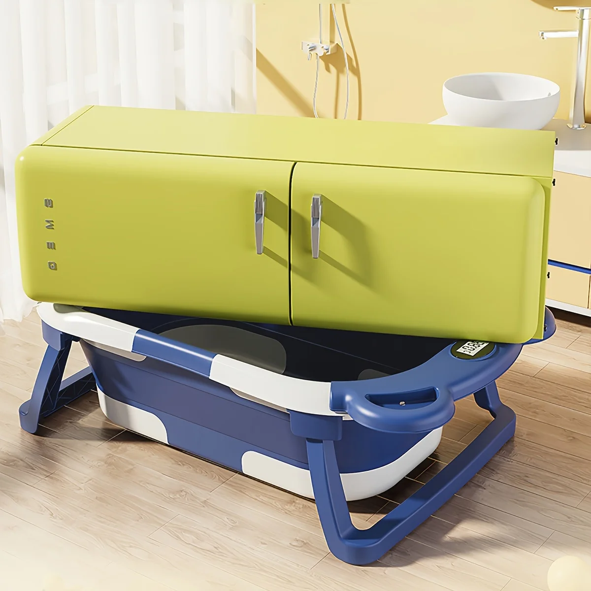 Tragbare, faltbare Babybadewanne für Neugeborene mit Echtzeit-Thermometer, weichem Stützkissen, zusammenklappbare Reise-Babybadewanne mit Ablaufstopfen, kompakte Aufbewahrung, Kinderbadewanne – Detail 7