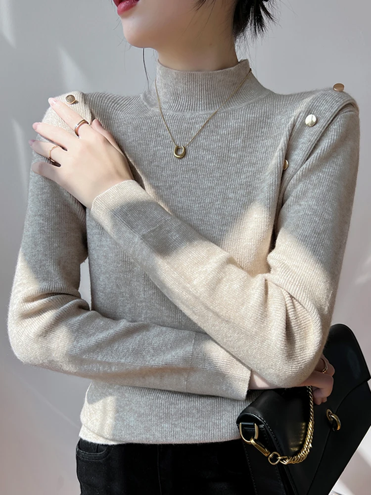 Korean Button Long Sleeve Turtleneck Women Sweater Soft Warm Slim Pullovers Female Sweaters Autumn Winter Knitwear Solid Tops