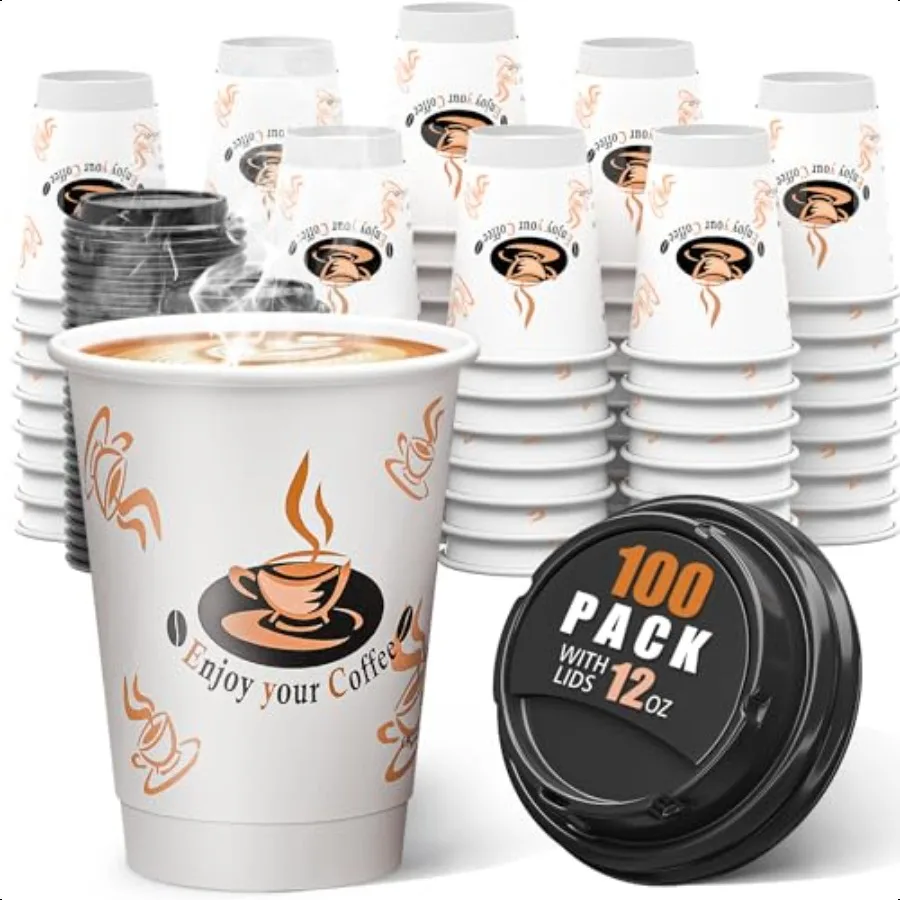 

100 Pack 12 oz Double Wall Paper Coffee Cups with Lids Insulated To Go Coffee Cup Hot Drinking Cups for Daily use
