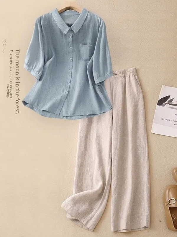 

Летний хлопково-льняной комплект большого размера для мам: повседневный модный костюм-двойка с коротким рукавом, скрывающий живот, с воротником и пуговицами