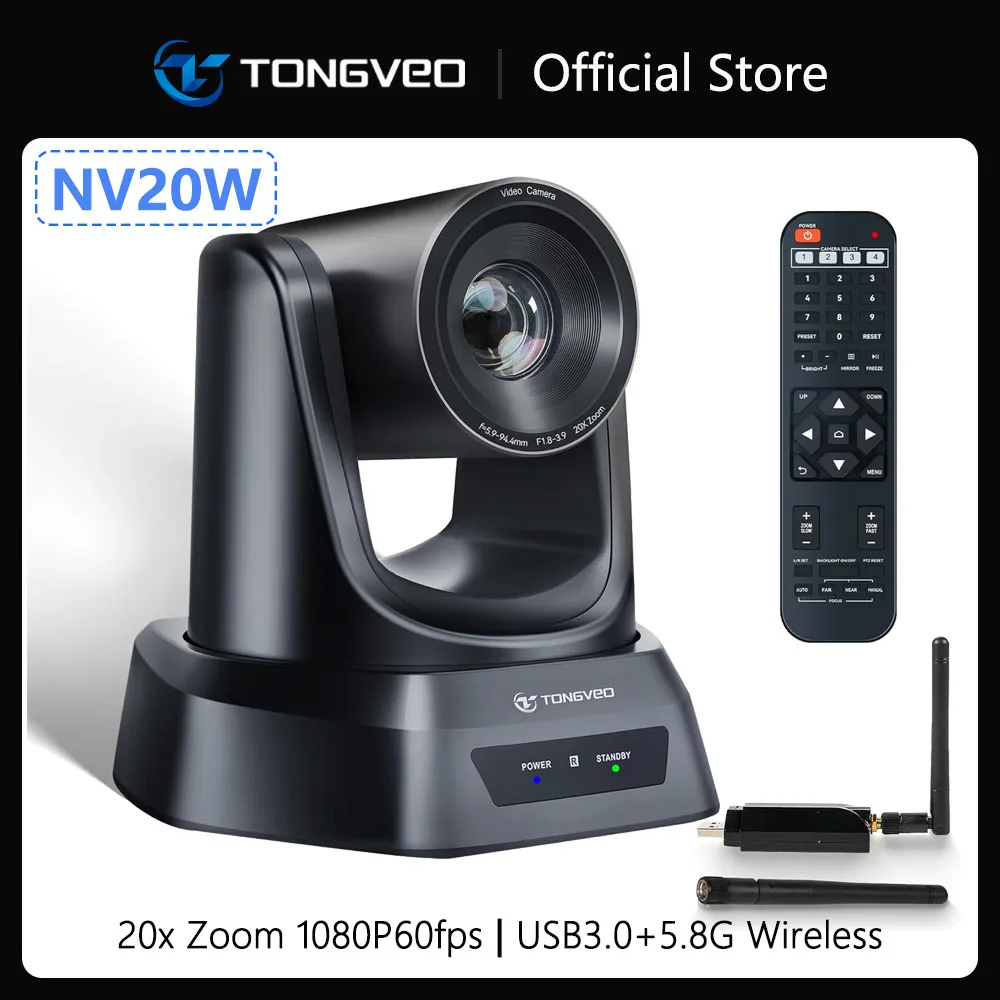 Conference Room Camera Church Live Streaming Wireless 20X USB 1080P 60fps PTZ Camera for Worship Services Online Conference