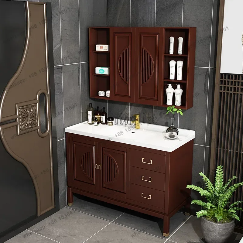 Solid wood new Chinese bathroom cabinet integrated ceramic basin feng shui mirror cabinet combined bathroom