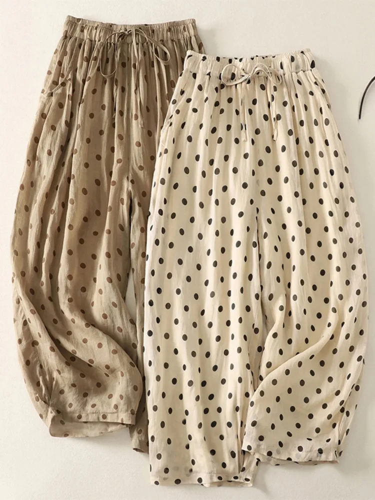 Sommer Casual Baumwolle Leinen Polka Dot Hosen frauen Elastische Taille Vielseitig Agel Breite Bein Hosen Dünne Neun Punkte Lose fit