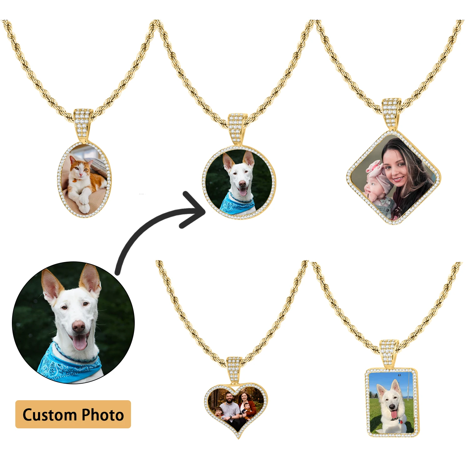 

Personalized Pet Photo Necklace Custom Round Cat Dog Picture Stainless Steel Crystal Frame Hip Hop Photo Men's Jewelry For Her