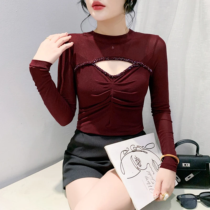 2024 New European Clothes Fall Mesh T-Shirt Chic Sexy O-Neck Hollow Out Shiny Beading Women Tops Long Sleeve Elastic Tees 49038