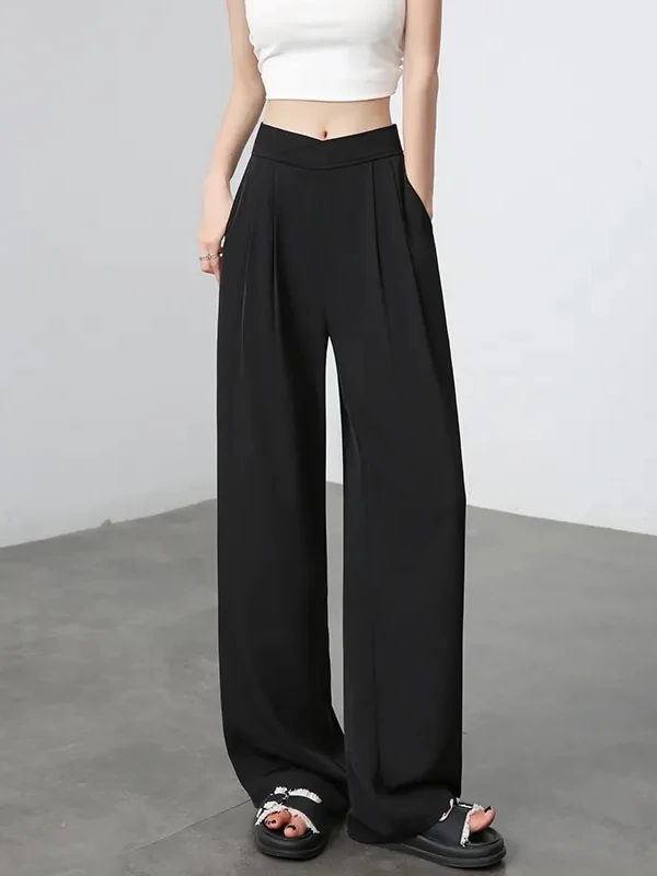 Women's Ice Silk Wide Leg Suit Pants Drapey High Waist Straight Cut Bla Casual Trousers Thin Model New Arrival Early Autumn