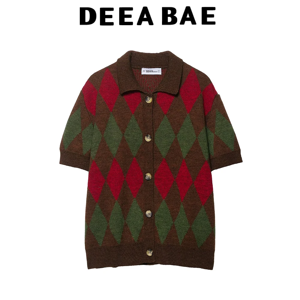 

DEEABAE 2025 Autumn New Product Sweet and Versatile Flip Collar Loose Short Sleeve Diamond Pattern Knitted Polo Coat