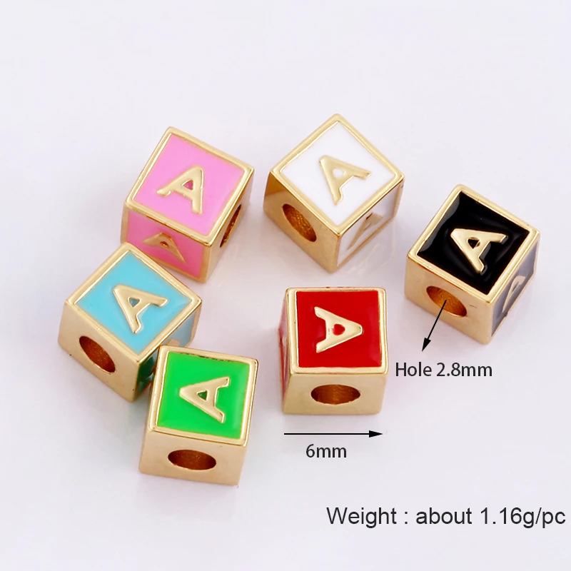 Square Cube Fashion Colorful Enamel Oil Dropped Initial Letter Name A-Z Beads,18K Gold Plated,Jewelry Necklace Findings P15