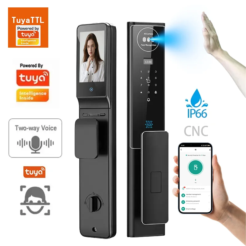 Tuya Smart Wood Door Lock with 3D Face Recognition & WiFi Automatic Biometric Security Digit Lock & Camera