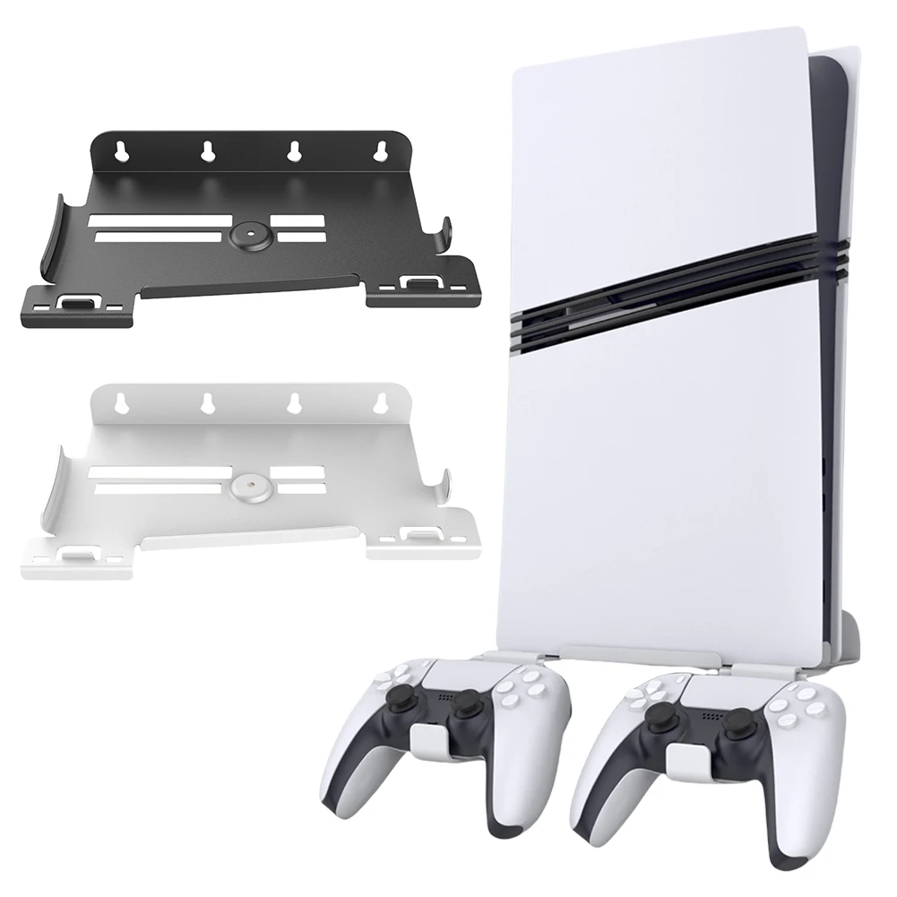 For PS5 Pro/PS5 Slim Wall Mount Console Dock Bracket with Controller Hook Hanging Wall Holder Space Saver Handle Storage Rack