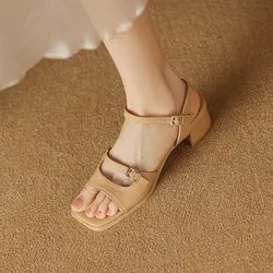 Large Size Open Toe Med Low Sandals Woman Leather Velvet Shoes Suit Female Beige Summer Heels Big Peep Medium Low-heeled Suede B