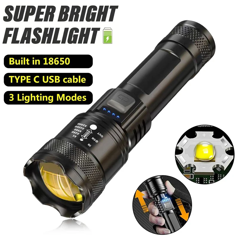 

Мощный светодиодный фонарик, сверхмощная перезаряжаемая лампа, аварийное освещение для езды на велосипеде, для кемпинга, рыбалки, работы