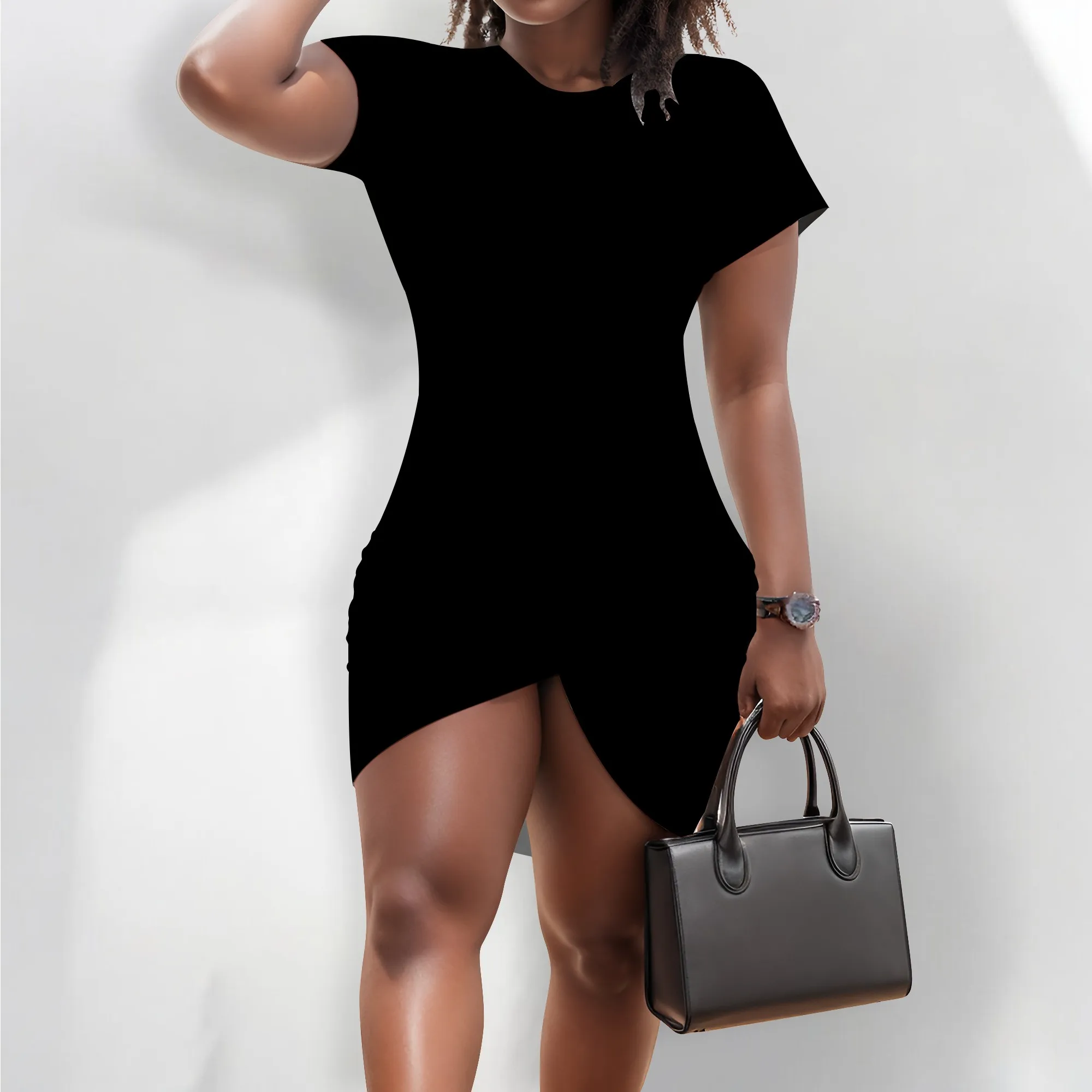 المرأة الصيف تي شيرت فستان كاجوال طاقم الرقبة التفاف Ruched Bodycon قصيرة الأكمام نادي الحفلات فساتين صغيرة