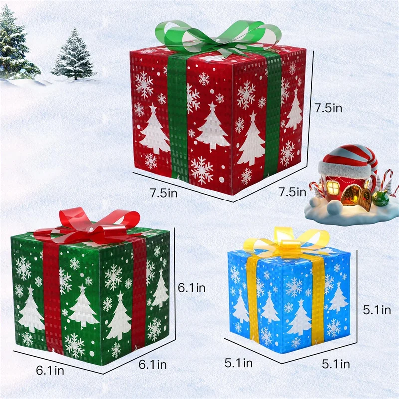 3Pcs/Set PVC Christmas Gift Box Set Luminous Folding Christmas Lighting Box with Bow Ribbon Christmas Glowing Decoration Outdoor