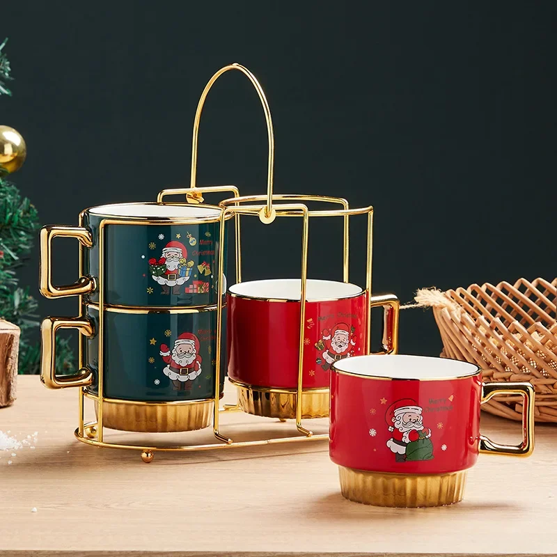 

4Pcs Personalized Santa Claus Coffee Tea Cup with Gift Box Cute Ceramic Water Mug with Gold Handle Creative Porcelain Xtmas Gift