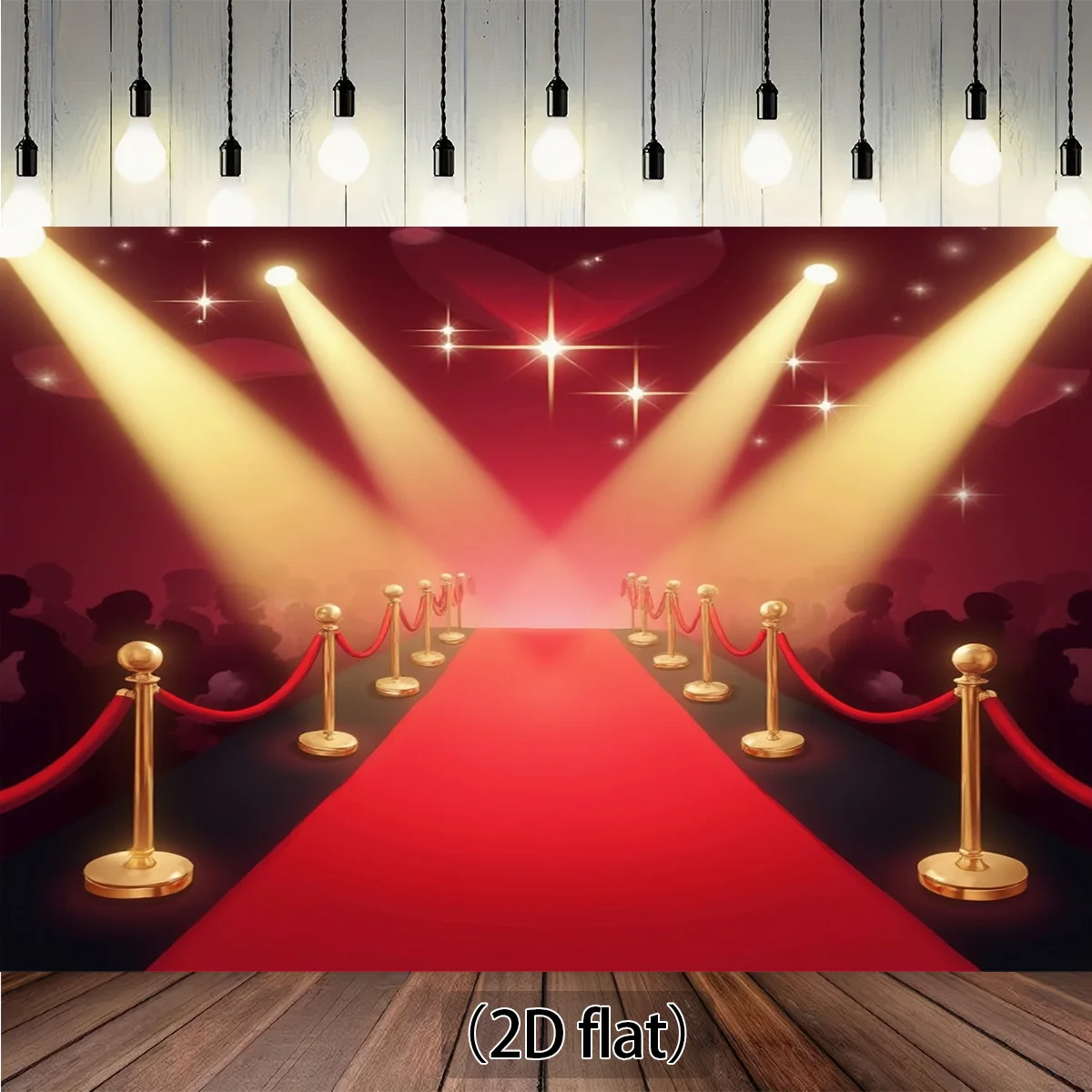 Avión 2D, 1 alfombra roja, pilares y cuerdas dorados, diseño iluminado por foco - fondo de poliéster, decoración móvil