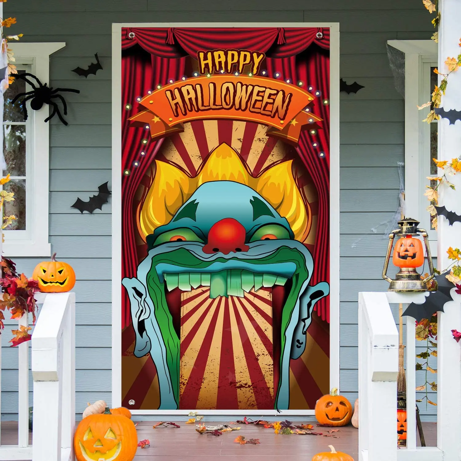 Photography Backdrop Happy Halloween Decorations Circus Entrance Theme Door Scary Giant Clown Background Halloween Eve Banner