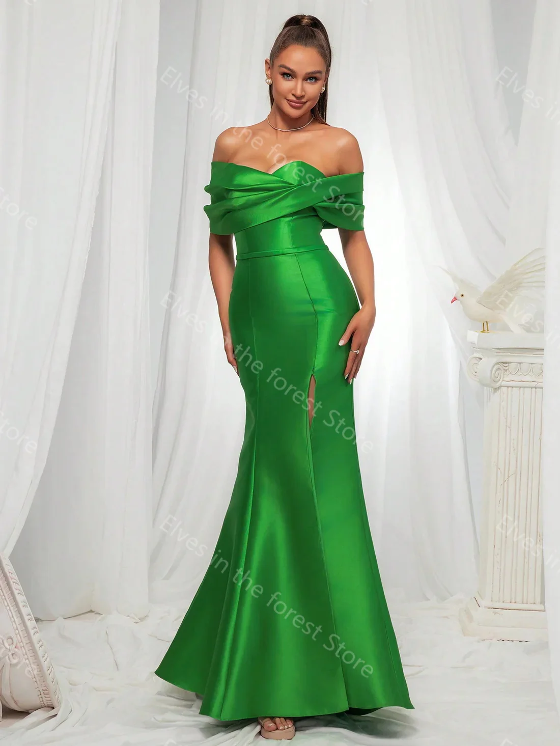 Simple Green Evening Dresses Off Shoulder Satin Mermaid Women Prom Gowns Sexy Ruffles Floor Length Celebrity Wedding Guest Gowns