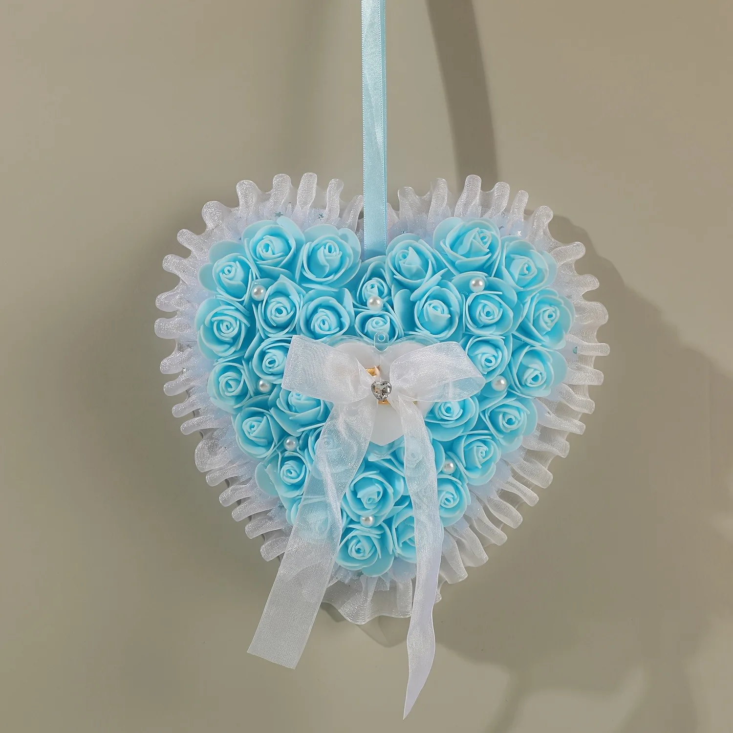 블루 하트 웨딩 링 베개 - 공주 스타일 충전 폼 패드, 프로포즈, 약혼, 발렌타인 데이 및 크리스마스