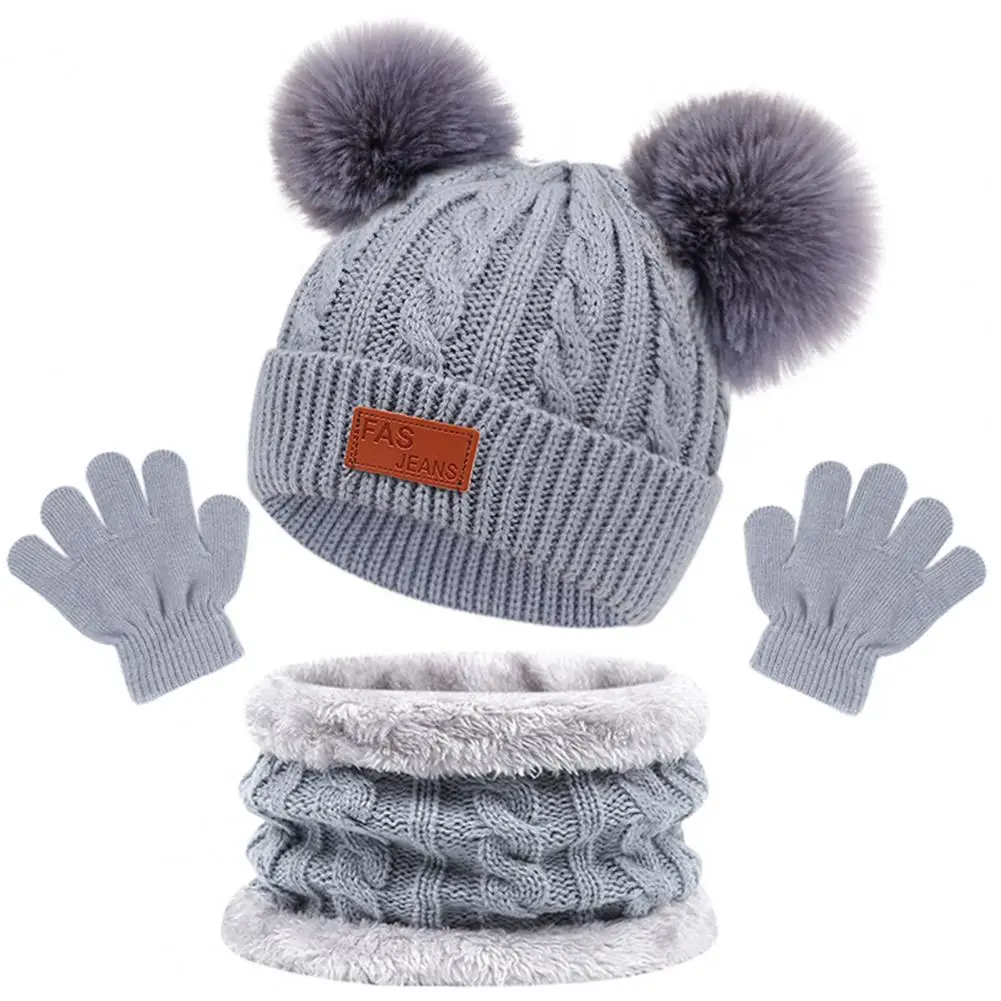 3 teile/satz Winter Baby Mütze Wärme Halstuch Handschuhe Set Plüsch Bälle Dekor Strick mütze verdickt Schal einfarbig Handschuhe Set